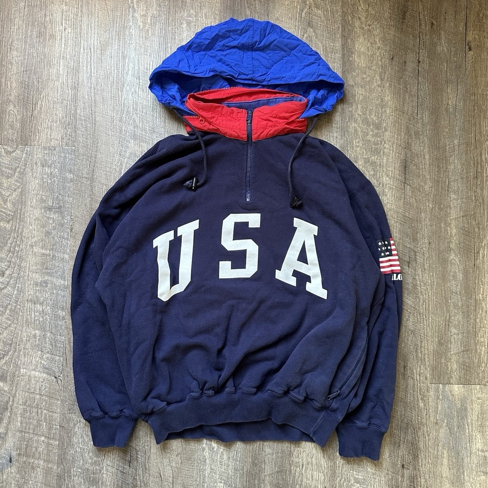 Polo Ralph Lauren Sweatshirt Mens Medium USA Flag Superman Fleece Stadium 90s ++